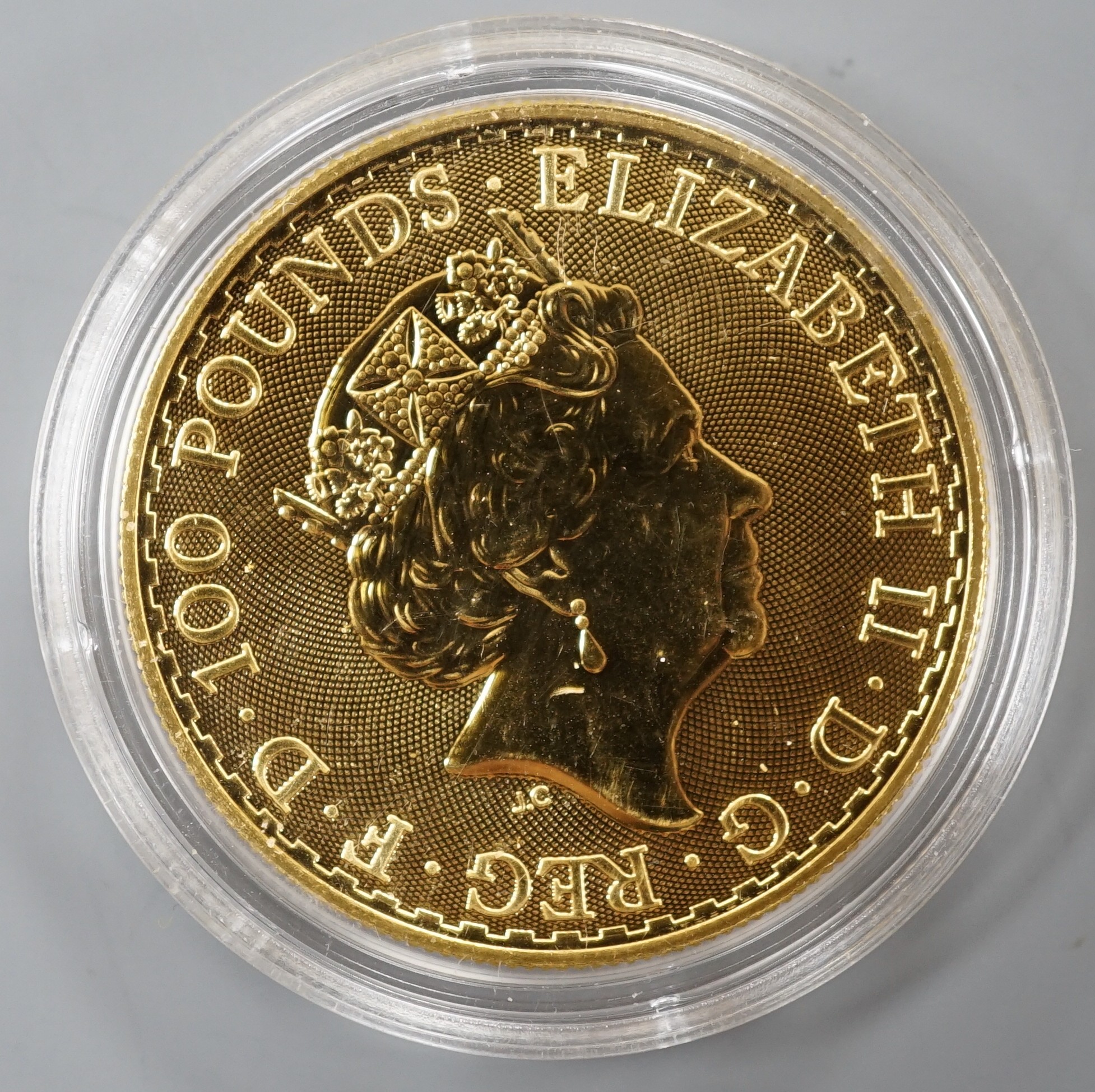 A QEII 2019 1oz gold Britannia £100 coin.